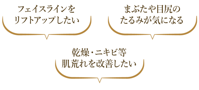 フェイスラインをリフトアップしたい/まぶたや目尻のたるみが気になる/乾燥・ニキビ等肌荒れを改善したい